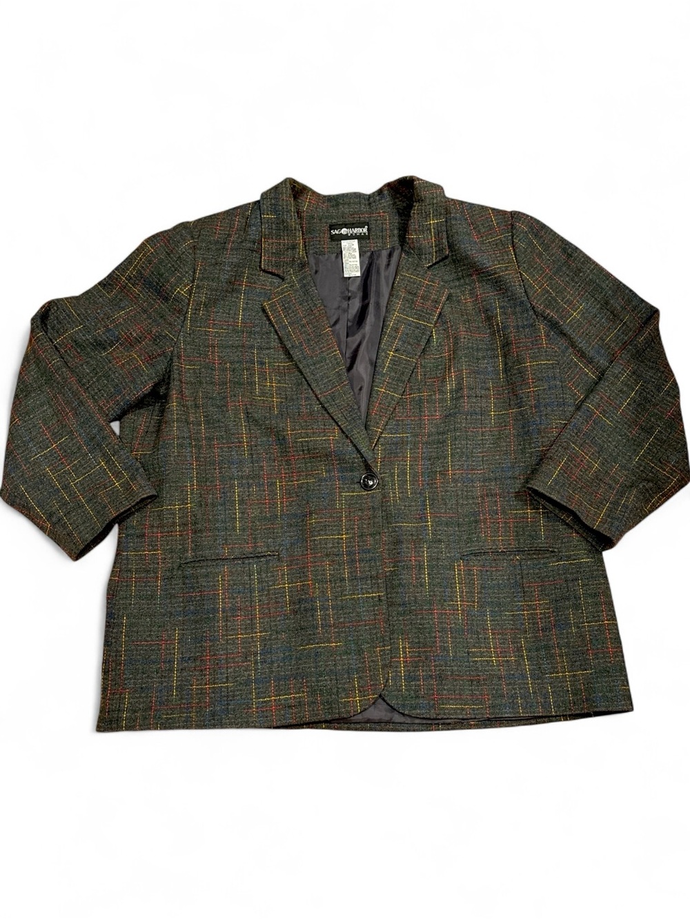 Vintage Sag Harbor Plaid Blazer Jacket Tweed Wool Blend Colorful Accent 22W